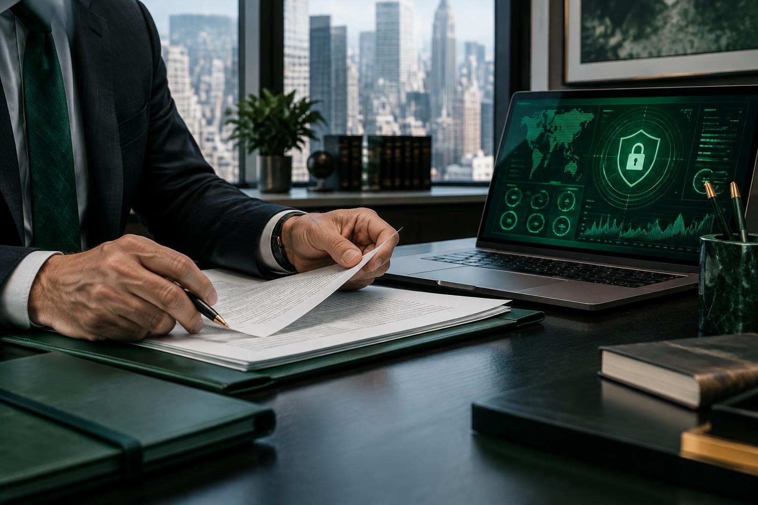 Attorney reviewing case materials alongside a security risk overview